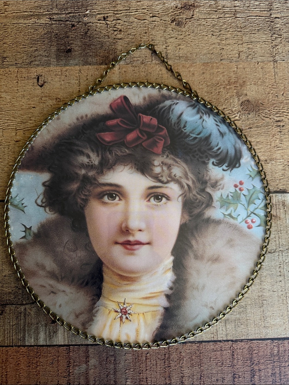 Victorian Lady Portrait Wall Plaque in a Brass Chain Hanging Frame Flue Cover
